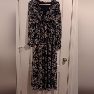 Navy Floral Long Sleeve Maxi Dress